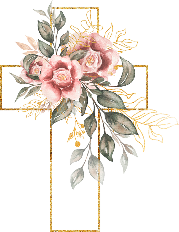 Cross Clipart, Watercolor golden cross With pink flowers